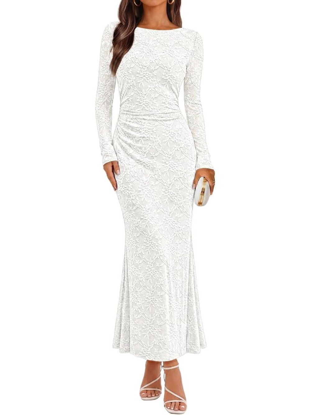 Women's White Long Sleeve Bodycon Fall Wedding Guest Formal Floral Maxi Dresses